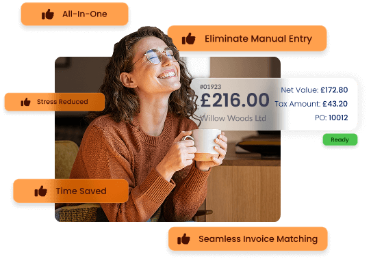 a happy woman reaxing with a nice cuppa, after processing all her invoice with automation