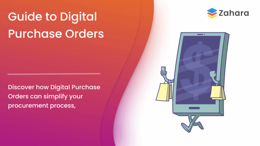 A digital illustration for a guide to Digital Purchase Orders, featuring a smartphone character holding shopping bags, with the Zahara logo in the top right corner.