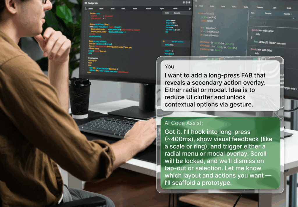A person working at a desk with two monitors displays code and a conversation about implementing a long-press floating action button, capturing the Vibe Coding atmosphere with AI code suggestions.
