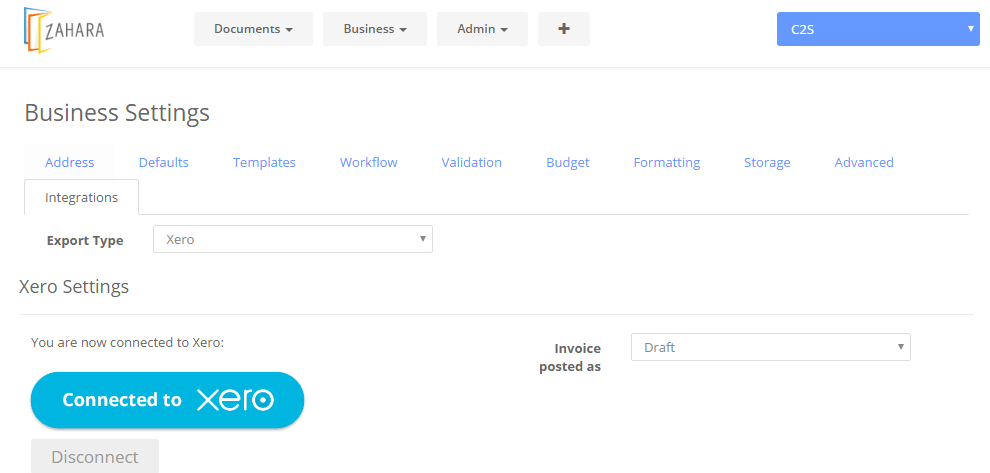 A screenshot of Zahara Business Settings page showing connection to Xero. Options for export type, invoice posting status, and Xero purchase order settings are visible, alongside a "Disconnect" button for Xero integration.